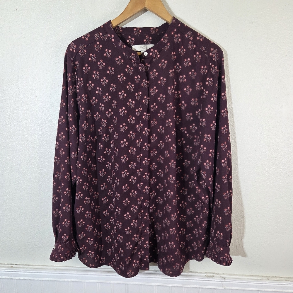 LOFT Plus Floral Blouse Womens Size 18 Burgundy Long Sleeve Pleated Cuff Button